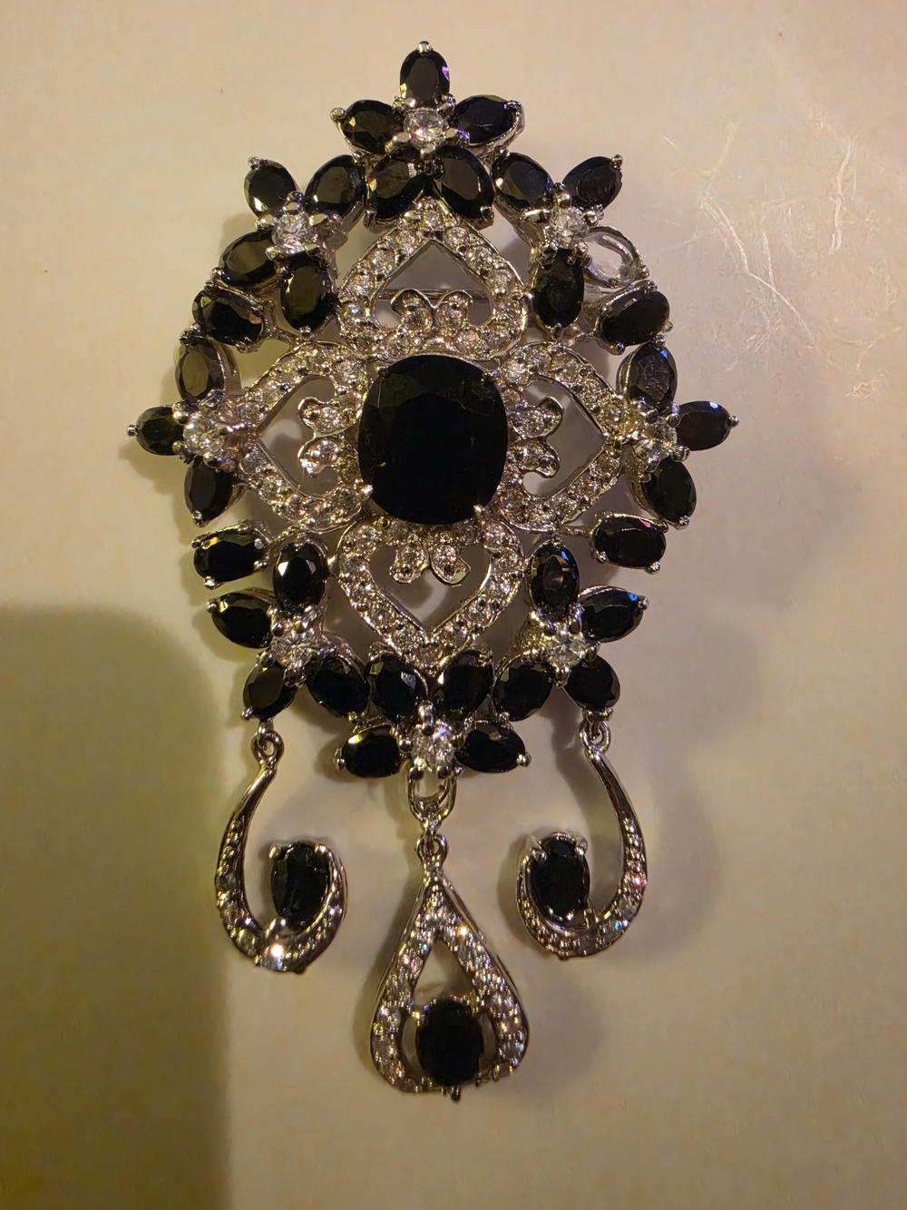 Source Unknown Black and Silver Filigree Crystal Drop Brooch